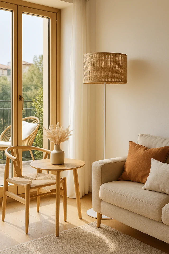 Rattan Cane Webbing Floor Lamp | Bamboo Standing Lamp White Stand - Amara