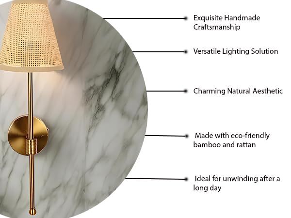 Cane Wall Sconce for Study Room | Rattan Wall Light - Kensley